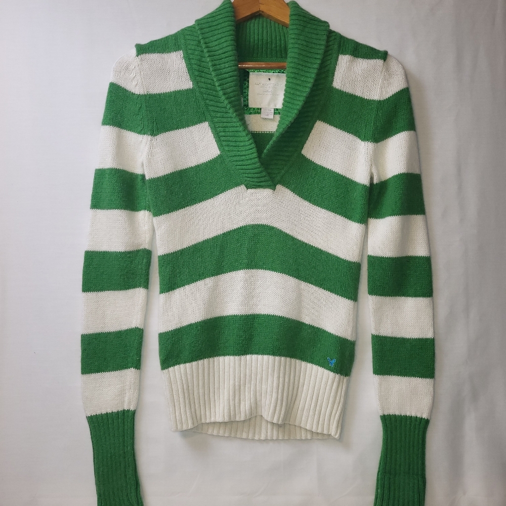 American Eagle Vintage Y2K Shawl‎ Collar Rugby Striped Sweater Women's Size XXS